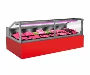Vitrina frigorifica pentru carne, specialitati, mezeluri 200 cm, Rosu RAL3020, iluminare LED carne, FULL STATIC, motor silentios