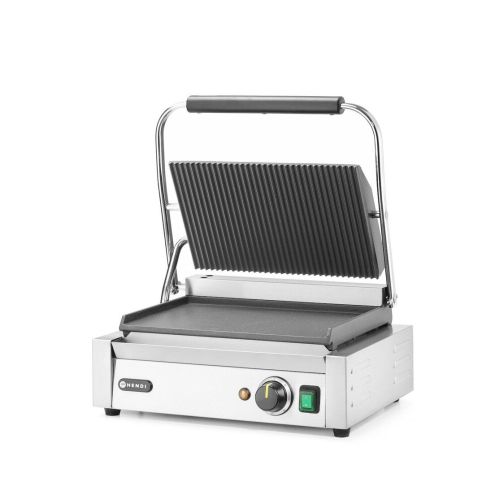 Contact grill profesional, Hendi, 2200W, corp inox, termostat 300 gr C, placi fonta cu invelis ceramic, partea superioara striata / cea inferioara neteda, suprafata grill 34 x 23 cm, 43x37x(H)21 cm