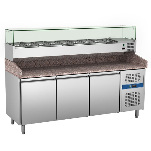 Masa rece preparare pizza, profesionala, vitrina ingrediente, inox, 3 usi, 580 lt, 202*80*100 cm