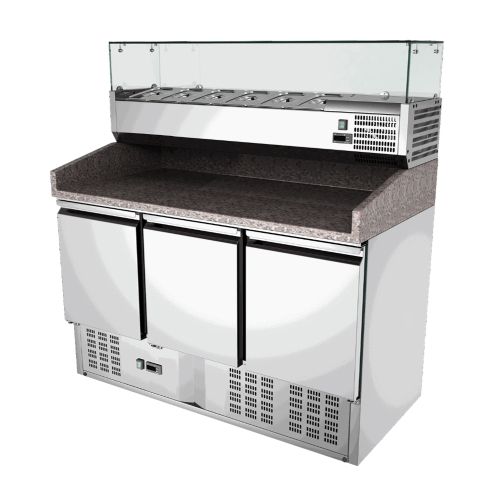 Masa rece preparare pizza, profesionala, vitrina ingrediente, inox, 3 usi, 368 lt, 140*70*144 cm