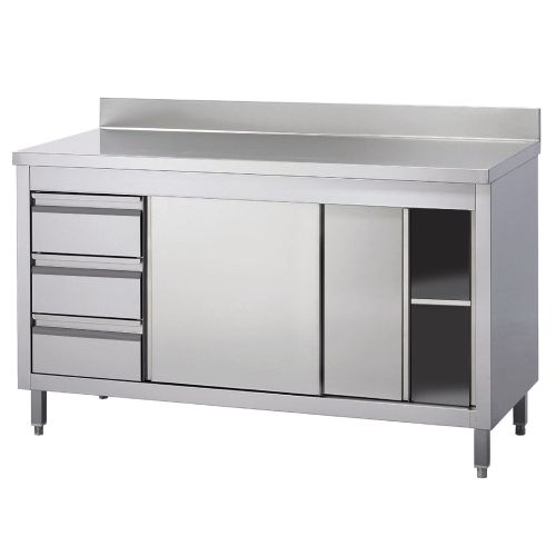 Masa de lucru inox cu dulap, 3 sertare si polita intermediara 200*70*85