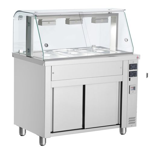 Bain-marie 3 tavi GN 1/1 cu dulap neutru si geam panoramic, 110 cm