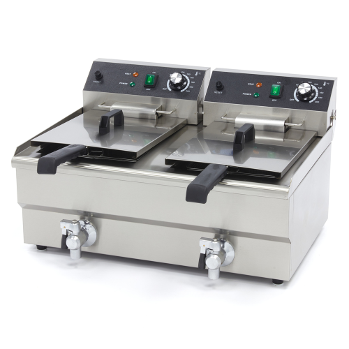 Friteuza dubla MAXIMA, electrica, profesionala de banc cu debuseu, 2 cuve 13+13 lt, 6 kW, 48.5*63*35 cm