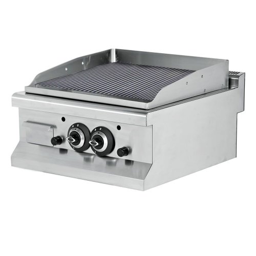 Grill pe gaz dublu profesional, inox, cu suprafata striata cromata, 60*64*29 cm