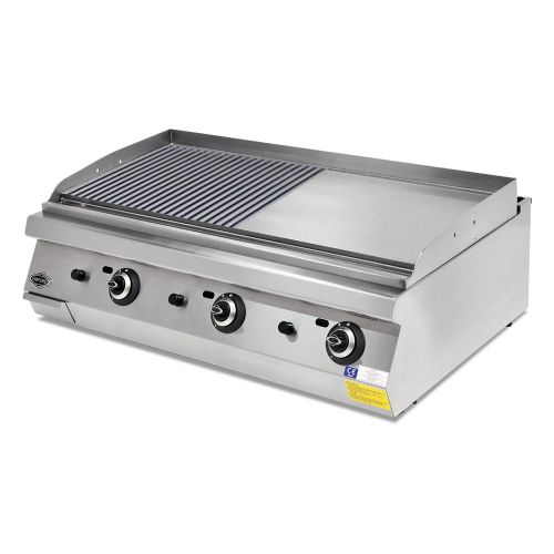 Grill pe gaz profesional, inox, cu suprafata neteda si striata cromata PLUS, 120*73*30 cm