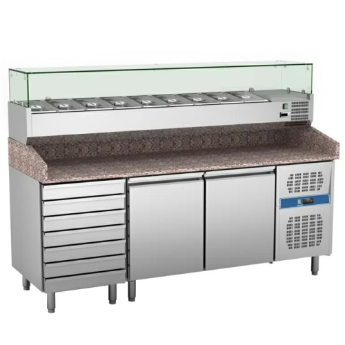 Masa rece preparare pizza, profesionala, vitrina ingrediente, blat din granit, racire ventilata, Capacitate: 390 LT