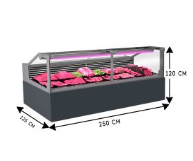 Vitrina frigorifica pentru carne, specialitati, mezeluri 260 cm, Gri Antracit RAL7016, iluminare LED carne, FULL STATIC, motor silentios