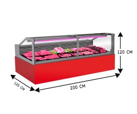 Vitrina frigorifica pentru carne, specialitati, mezeluri 200 cm, Rosu RAL3020, iluminare LED carne, FULL STATIC, motor silentios