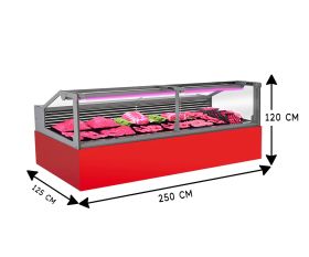 Vitrina frigorifica pentru carne, specialitati, mezeluri 260 cm, Rosu RAL3020, iluminare LED carne, FULL STATIC, motor silentios