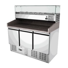 Masa rece preparare pizza, profesionala, vitrina ingrediente, inox, 3 usi, 368 lt, 140*70*144 cm