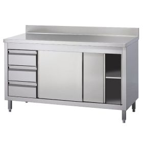 Masa de lucru inox cu dulap, 3 sertare si polita intermediara 200*70*85
