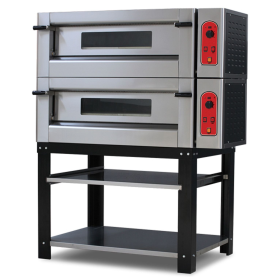 Cuptor profesional pentru pizza pe gaz, 2 vetre, 4+4 pizza diametru 30 cm, suprafata de coacere din samota