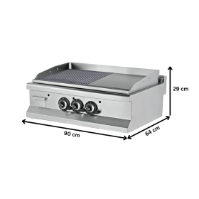 Grill pe gaz profesional, cu suprafata neteda si striata cromata, 90*64*29 cm