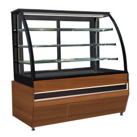 Vitrina neutra orizontala, decor lemn A333-BERGAMA, geam curbat, 130 cm